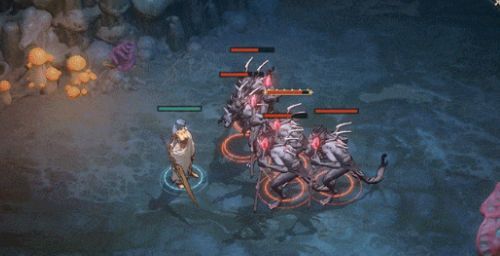 战技‘区间考据’触发瞬间，阿伽莎周身浮现蓝色护盾光效，前方敌人受到冲击