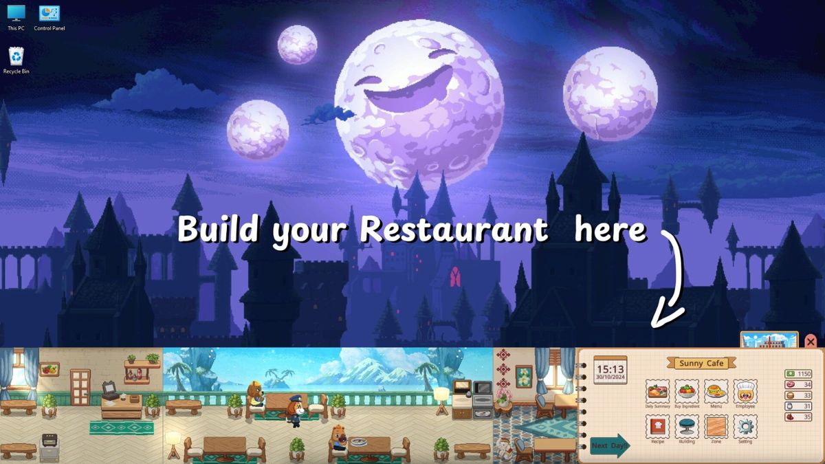 玩家正在界面中布置咖啡馆桌椅，界面清晰显示可拖动的家具图标