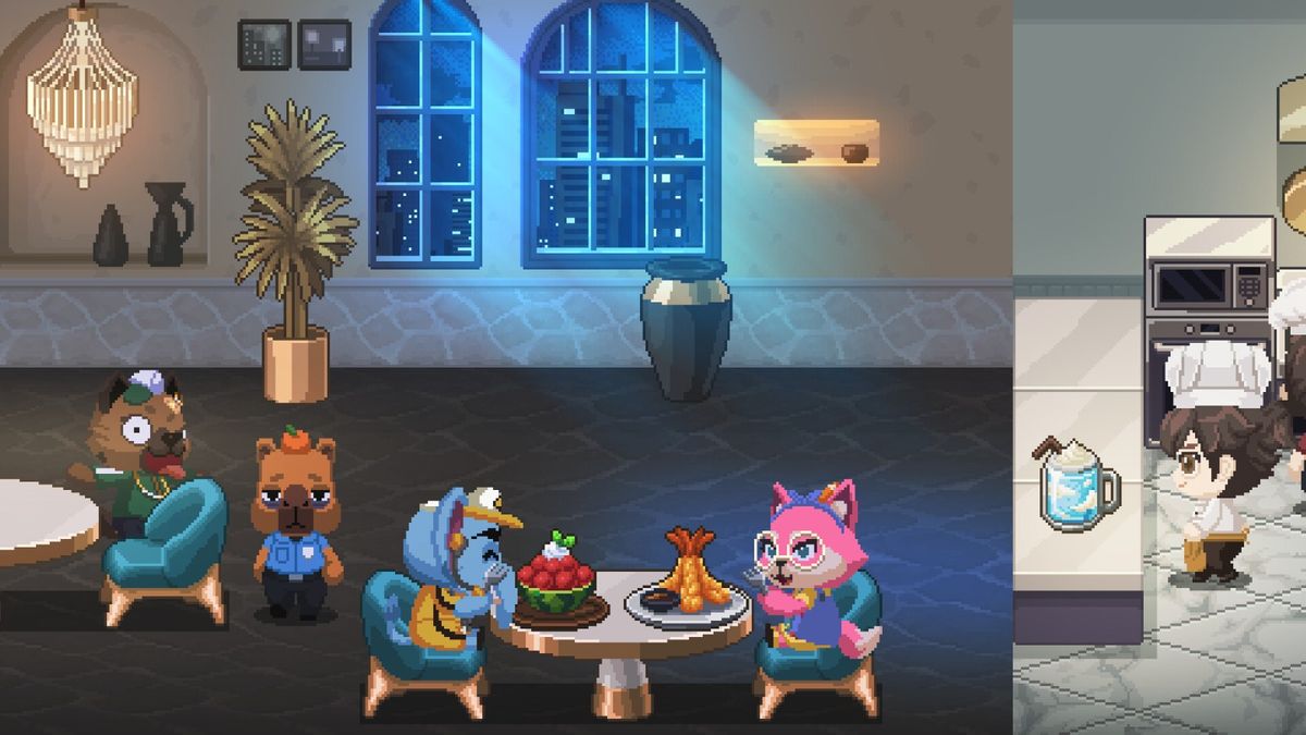 员工在厨房准备餐点，画面显示食物制作进度条与订单信息