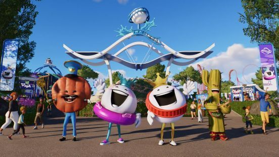 《过山车之星2》游戏主界面展示，画面中是一座色彩缤纷、设施齐全的现代化主题乐园，过山车轨道蜿蜒穿梭于绿树与建筑之间