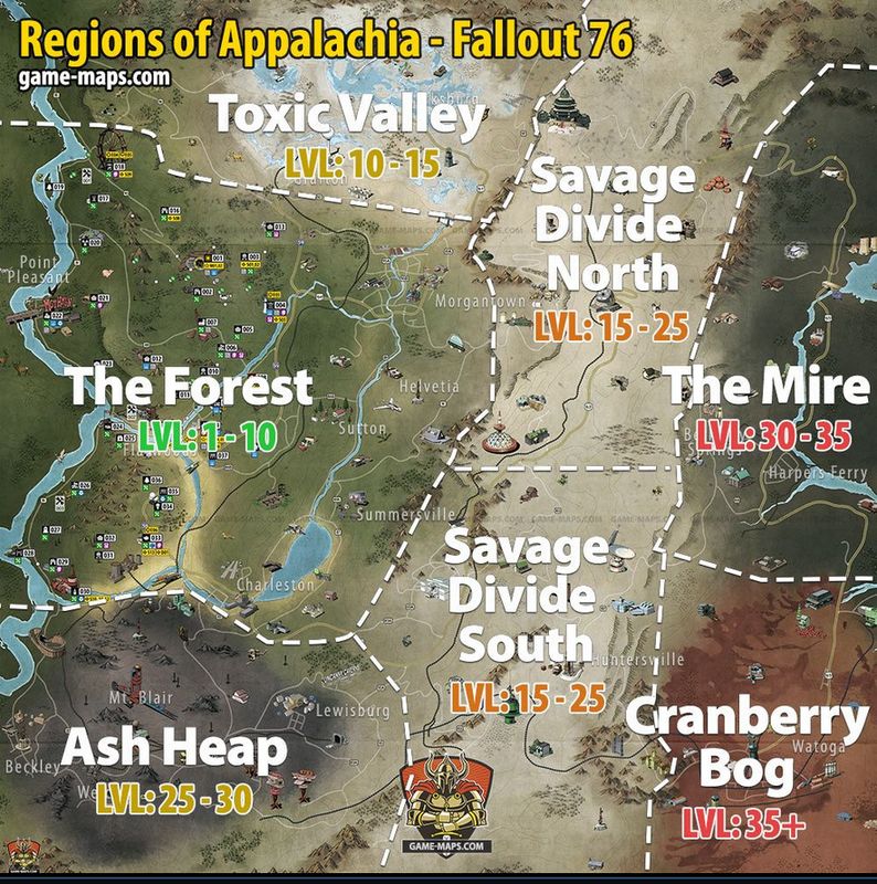 《辐射76》游戏内藏宝图汇总地图，显示多个区域的藏宝点分布，用金色图标标注各宝藏位置，并以线条连接形成探索路线