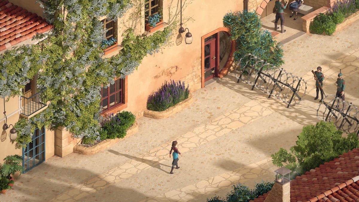 俯视角下的城市废墟全景，建筑错落分布，烟雾弥漫，展现战后世界的荒凉景象