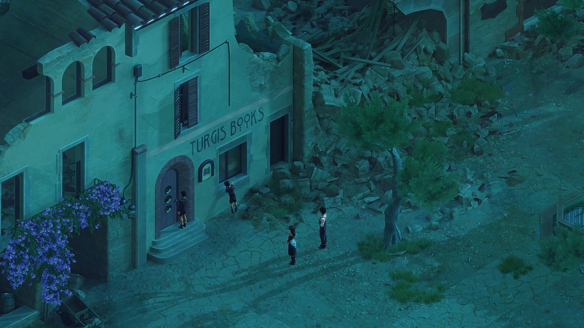 伊莎贝尔坐在窗边沉思，窗外是灰暗的天空与残破屋顶，画面充满孤独与内省情绪