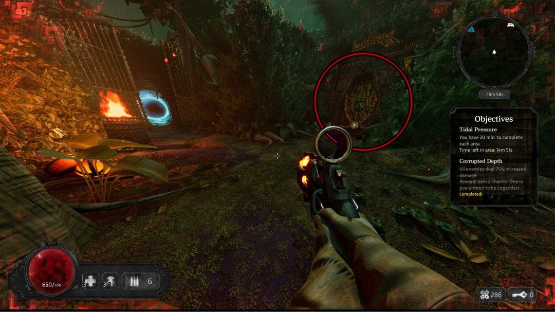 《深渊之潮》第二幕过渡区域的锁门场景，昏暗走廊尽头是一扇刻有锚形符文的金属门，氛围神秘