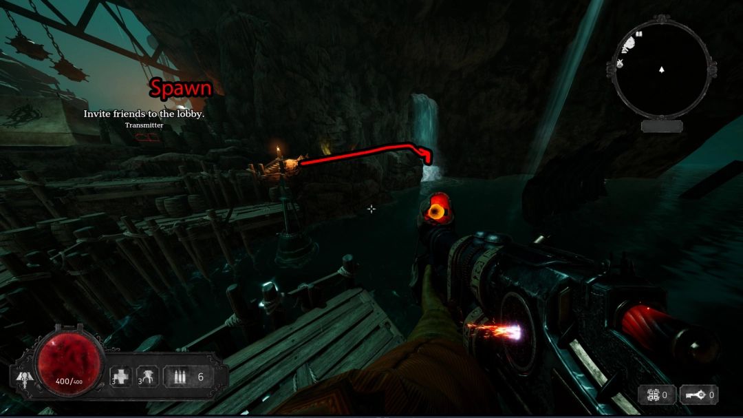 玩家在瀑布后方发现隐藏通道，水流倾泻而下，石壁泛着幽光，营造出神秘氛围