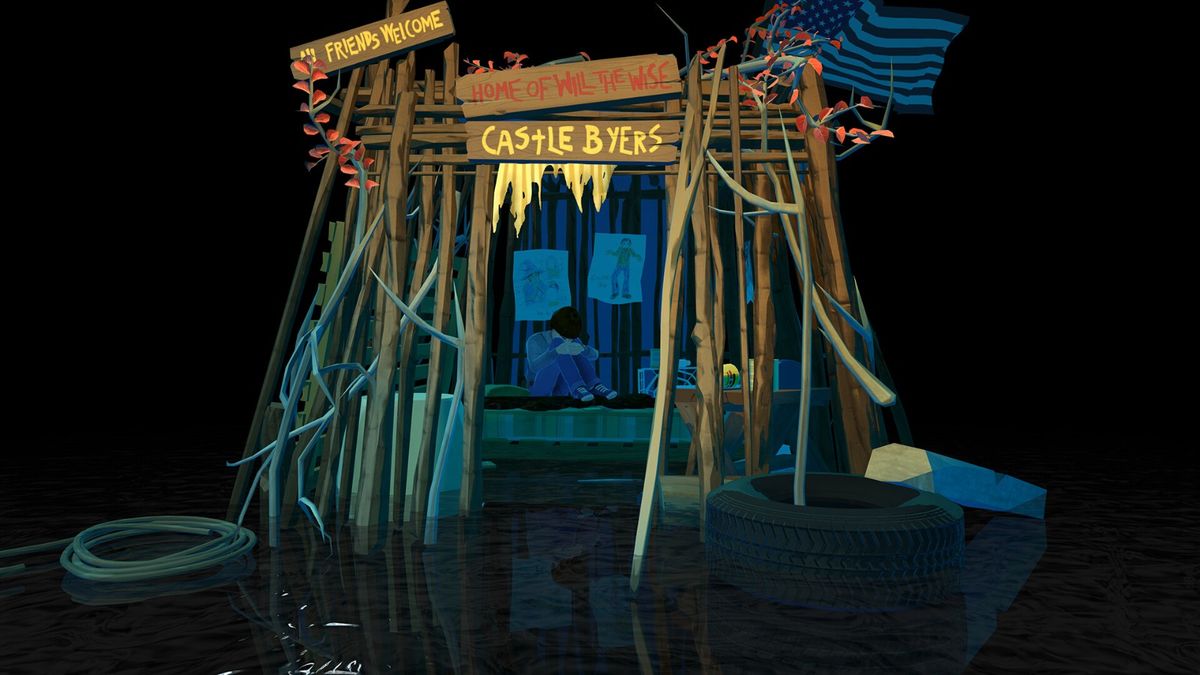 玩家在VR界面中操控传送门，一道紫色裂缝撕裂空间，连接现实与颠倒世界