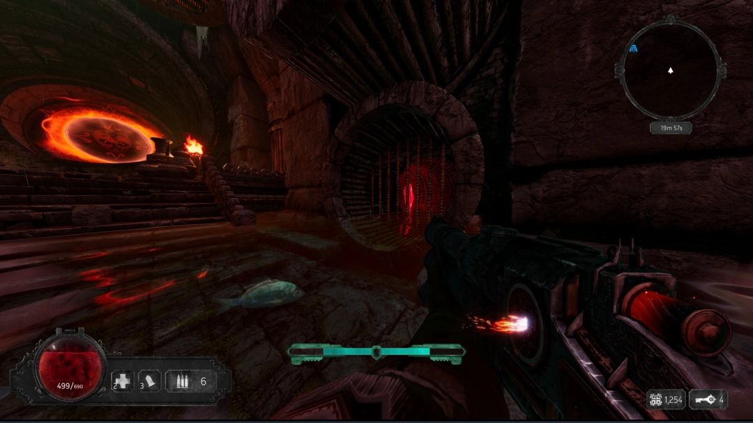 小池塘右侧栅栏内的水晶3，水面倒映着其绿色光芒，周围布满青苔与裂痕