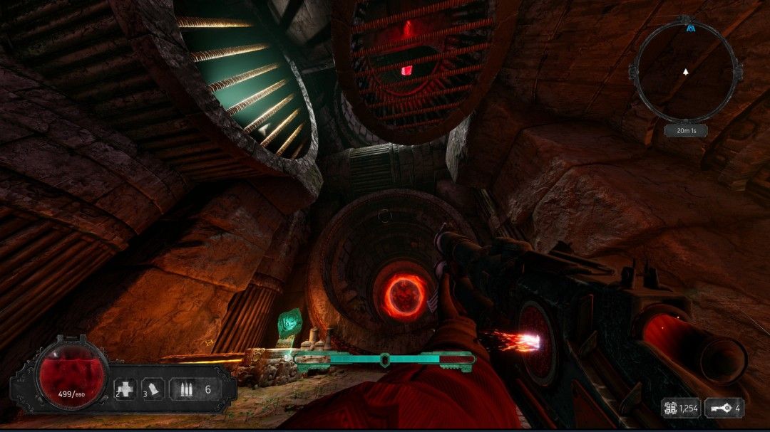 垂直格栅中的水晶4，位于隧道入口旁，周围有蒸汽喷口，环境昏暗但水晶发出红色警示光