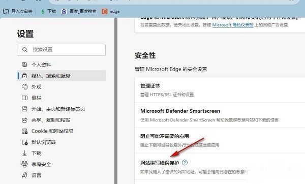‘网站拼写错误保护’开关处于关闭状态，鼠标指针正准备点击开启