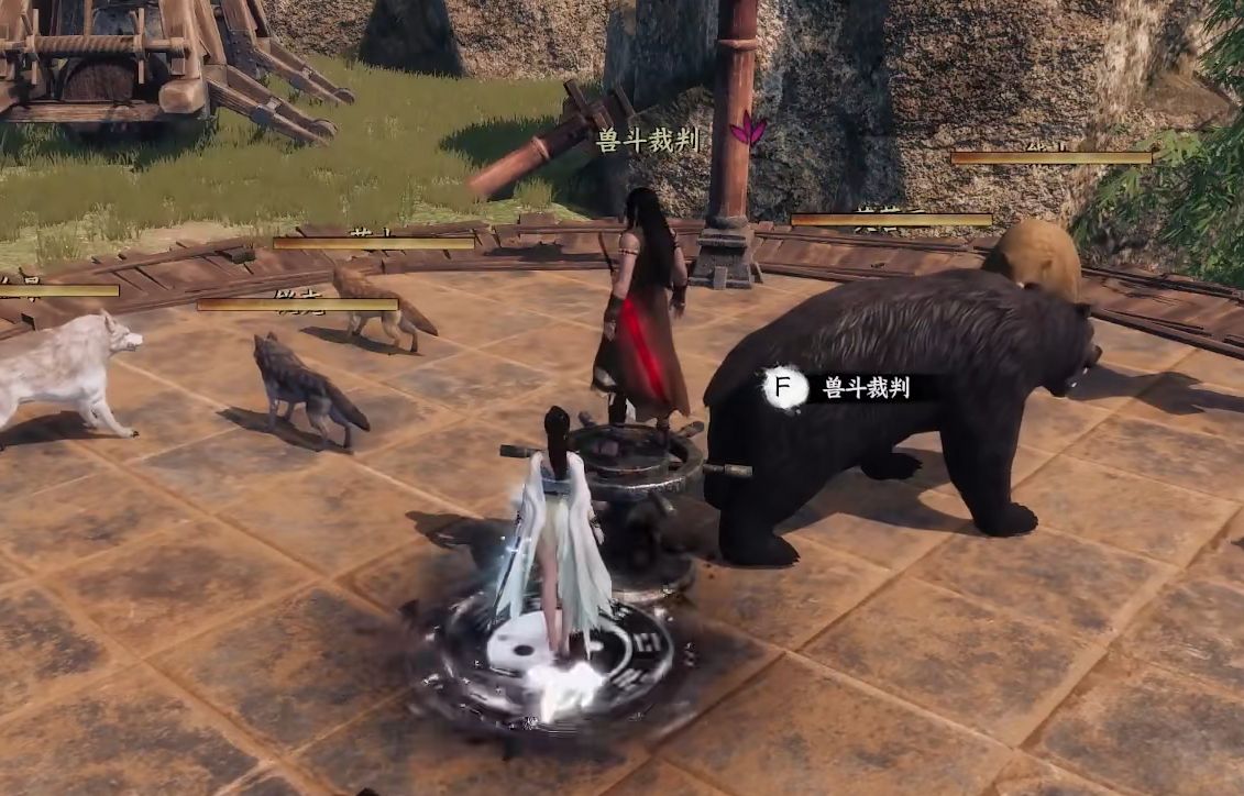 遥雪峰山顶演武场全景，风神聂立于中央，四周白雪覆盖，气氛肃杀