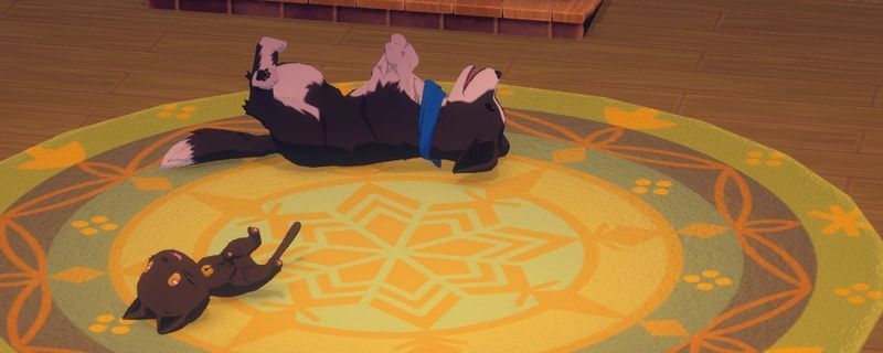 《牧场物语 来吧！风之繁华集市》宠物评选赛界面，汪塔塔站在舞台中央，屏幕显示按钮提示，玩家需根据提示操作手柄完成宠物动作