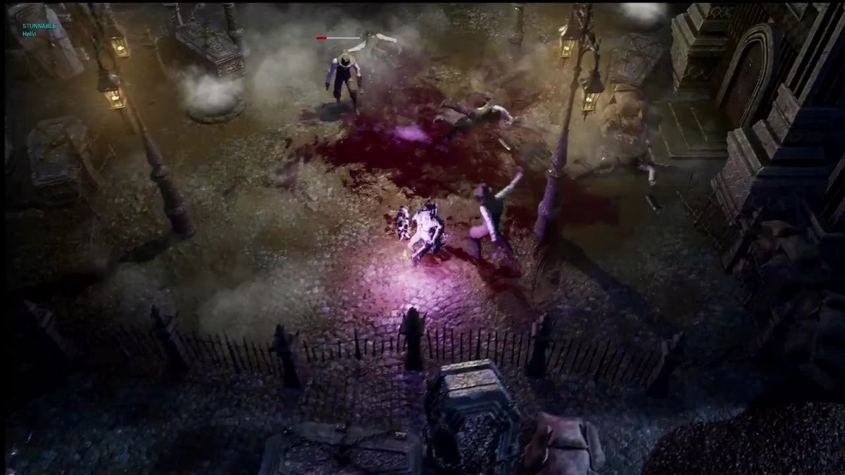 城市高处俯瞰全景，月光穿透乌云照亮染血的街道