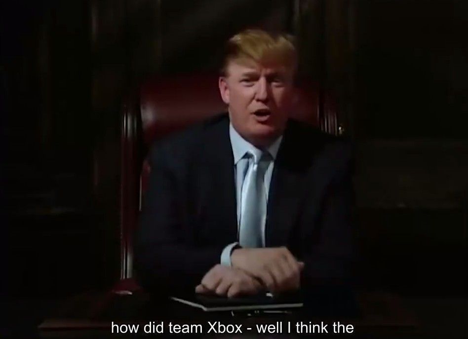 电视画面中播放特朗普广告，背景为Xbox标志与霓虹灯光效