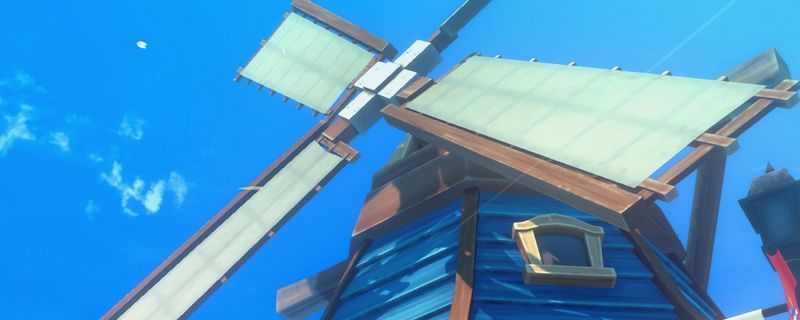 《牧场物语 来吧！风之繁华集市》中三座色彩分明的风车并列矗立在小镇边缘，背景是晴朗天空与缓缓转动的叶片，展现出宁静田园的氛围