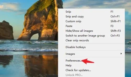 Snipaste右键菜单中选中preferences选项的界面截图