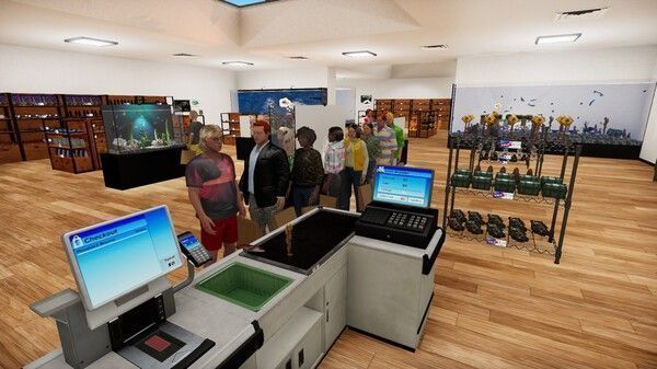 玩家在电脑前管理库存系统，界面显示鱼类种类、库存数量与销售数据