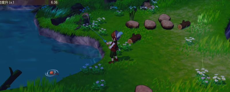 游戏画面展示玩家在湖边钓鱼，钓竿顶端出现彩色图标，预示即将获得特殊物品的瞬间场景