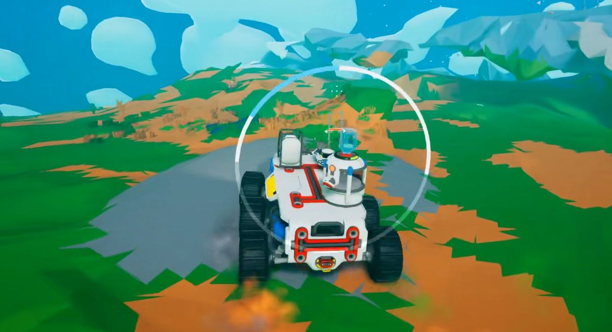 游戏中玩家驾驶漫游车时的第一人称视角，前方钻头正在削平地面，HUD界面显示水平仪调节状态