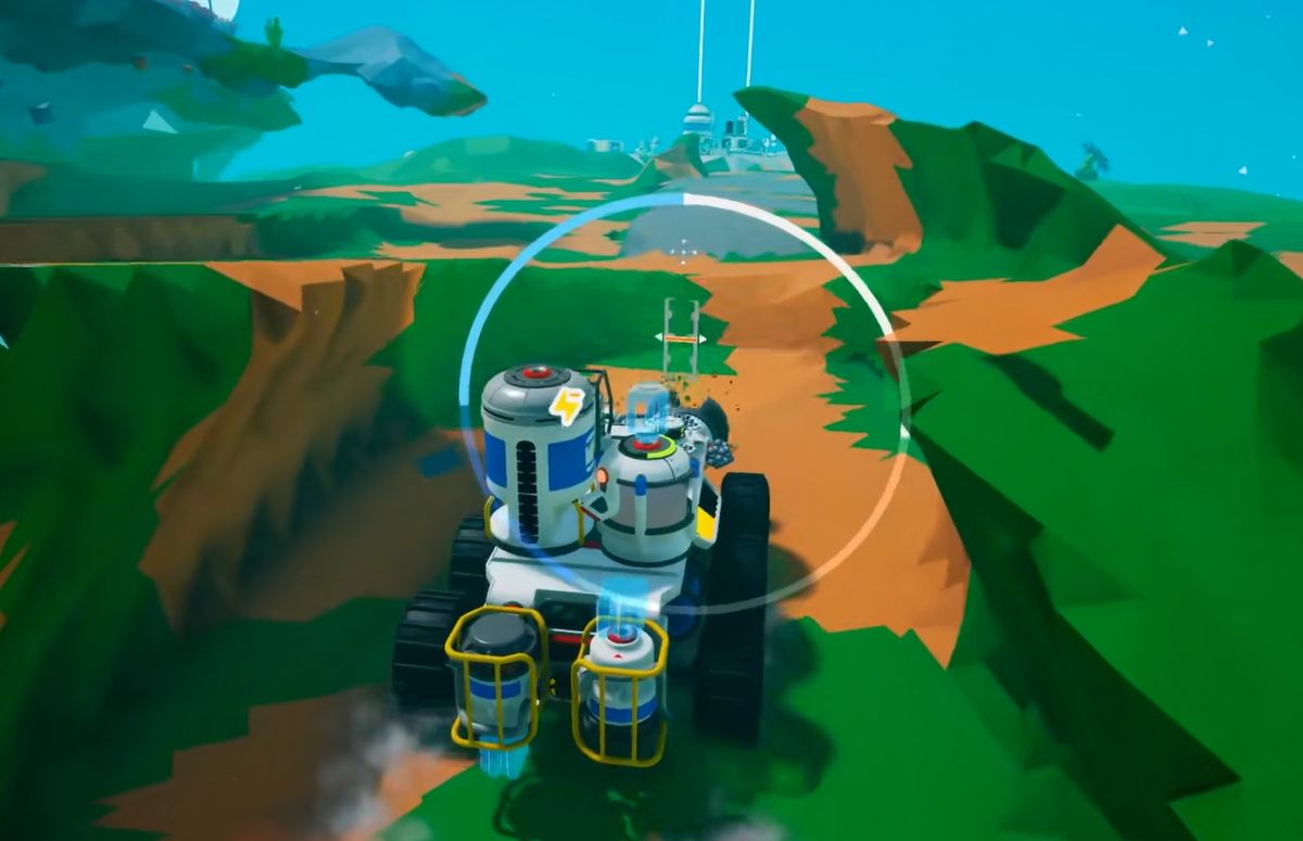 一辆满载多个土壤罐的漫游车停靠在资源点旁，玩家正准备更换空罐