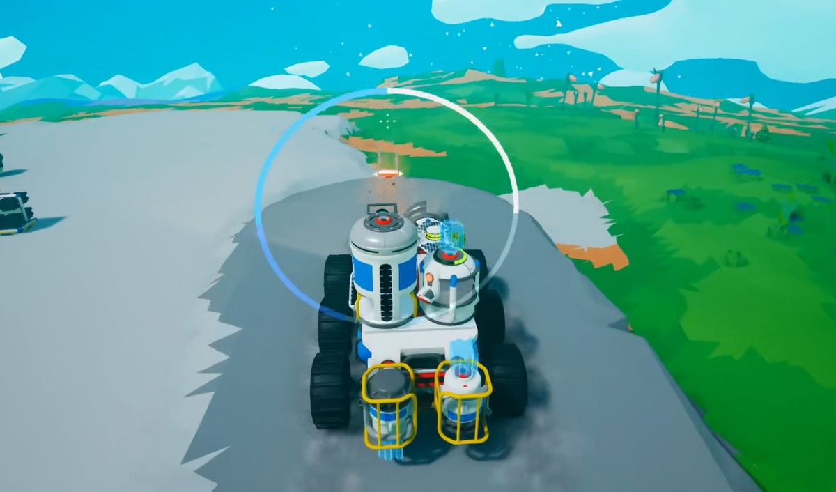 从空中俯瞰视角展示一条由漫游车铺设而成的笔直道路穿越沙漠地貌，延伸至远方基地