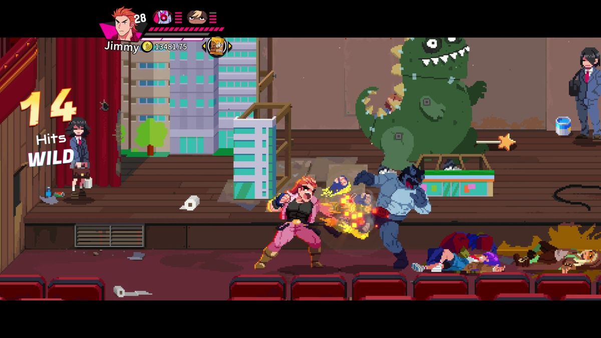 双人合作战斗画面，两名玩家分别操控国夫君与Jimmy，联手对抗Boss