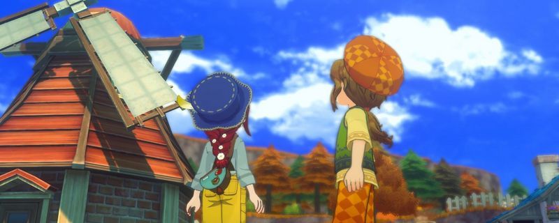 《牧场物语 来吧！风之繁华集市》中飞行石的图标展示，周围环绕着风之宝石、羽之宝石和浮空宝石，背景为煦风镇的田园风光