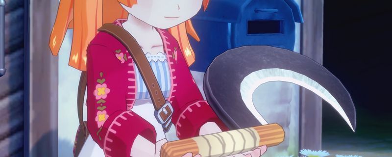 《牧场物语 来吧！风之繁华集市》中玩家手持斧子砍伐树木的场景，背景为田园风光，画面清新治愈