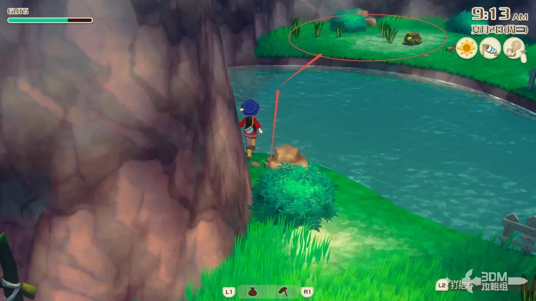 河对岸资源点特写：地面有发光的稀有矿石、高大树木和可采摘的藤蔓植物