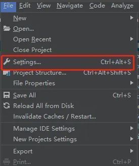 IntelliJ IDEA菜单栏中File选项下方点击Settings进入设置界面的示意图