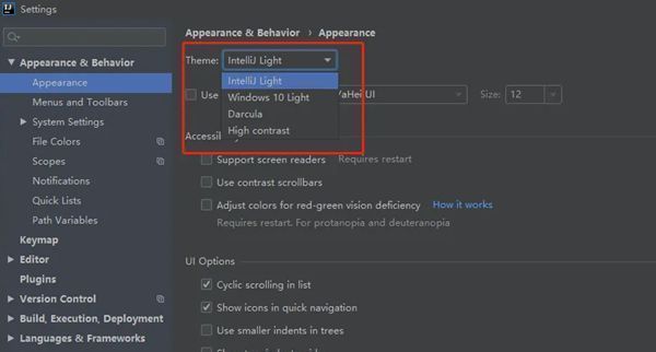 IntelliJ IDEA主题选择下拉菜单，展示Darcula和IntelliJ等不同主题选项