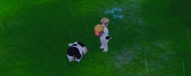 玩家在河岸边使用鱼竿钓鱼的场景，水面泛起涟漪，浮漂静静漂浮，充满田园气息