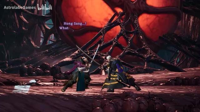 主角荆笠持刀立于废墟之上，身后是崩塌的神社与血色天空