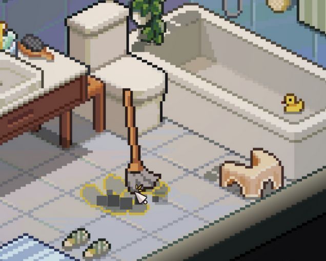 卫生间内部视角，像素风格的地砖上有明显脚印污渍，墙边浴缸上方也有模糊脚印痕迹