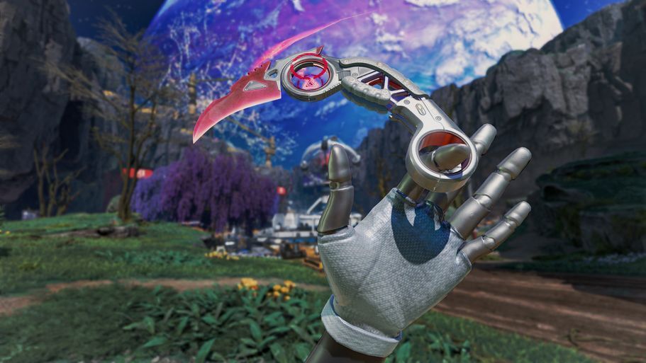 ‘猛禽之爪’近战武器特写，银色金属爪刃反射冷光，背景为暗红色纹理墙面，突出其硬核科幻风格