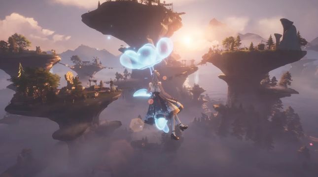 《无限暖暖》游戏内场景截图，展示角色在阳光花田中奔跑，周围花瓣飞舞