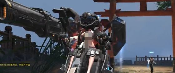 暴风机甲启动背部喷气装置进行高跳，尾部喷出蓝色火焰，机体腾空而起