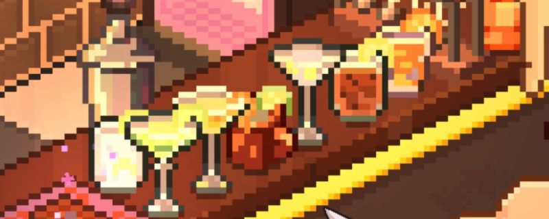 《呓语小镇》中陨石酒吧内部场景，吧台灯光昏黄，酒瓶林立，营造出神秘而复古的氛围