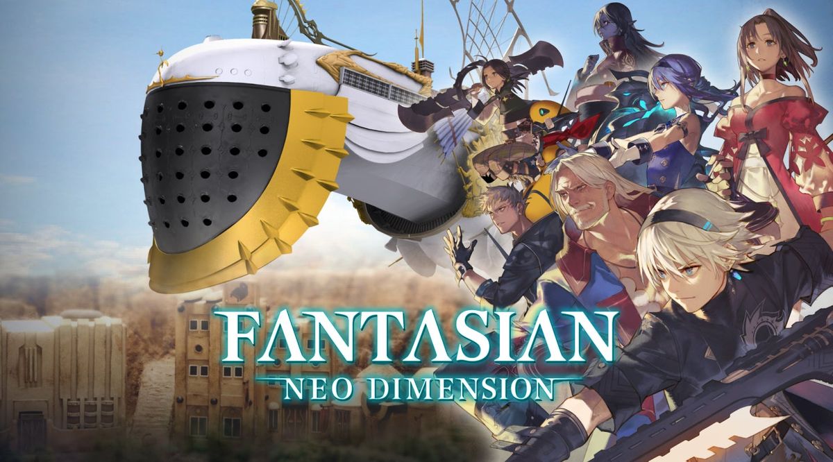 《FANTASIAN Neo Dimension》游戏宣传图，展示科幻与幻想融合的世界观，角色站在机械与自然交织的奇异景观中