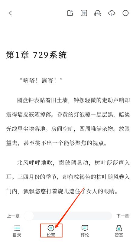 长佩阅读App中点击‘设置’按钮的界面展示，屏幕中央显示功能菜单，下方标有‘设置’入口