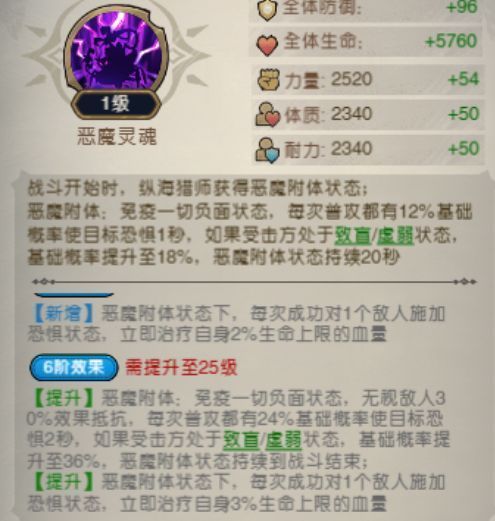 ‘恶魔灵魂’技能动画示意，纵海猎师双眼泛红，背后浮现恶魔虚影，敌人被恐惧效果定住