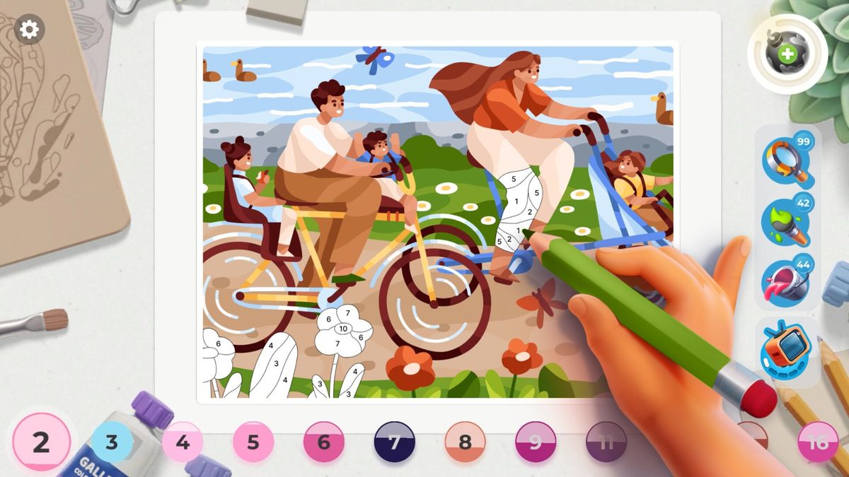 玩家正在为一幅星空主题画作上色，使用渐变笔刷营造梦幻效果