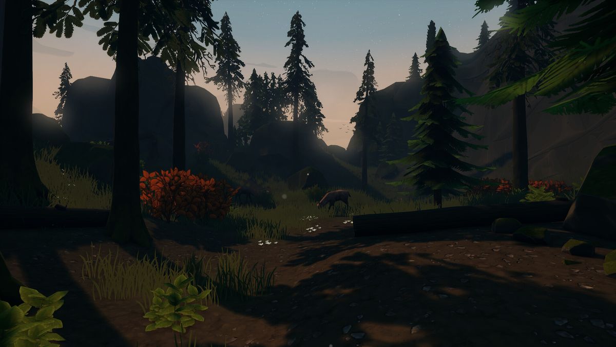 主角手持老旧对讲机站在森林小径中，周围树木扭曲，光线昏暗，空气中弥漫着不安的静电噪音