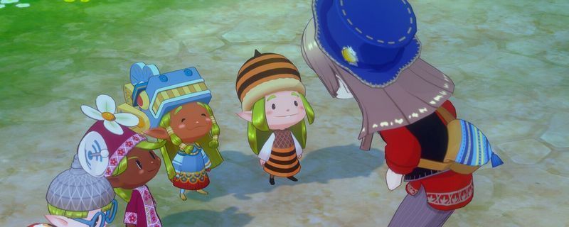 《牧场物语 来吧！风之繁华集市》中小矮人小精灵的可爱形象，五位小矮人站在森林空地，周围环绕着发光粒子特效