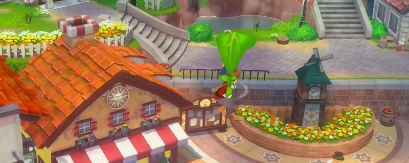 《牧场物语 来吧！风之繁华集市》中角色使用滑翔伞在蓝天中滑翔的画面，背景为小镇与山脉，画面清新治愈