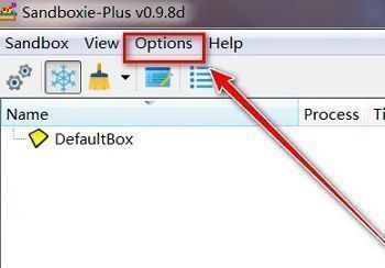 Sandboxie软件界面顶部的Options菜单按钮特写