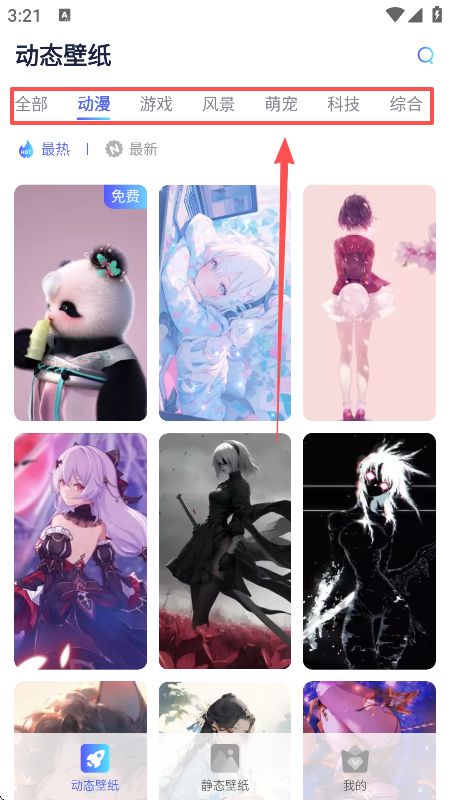 动态壁纸专区界面截图，展示多款动态壁纸缩略图及播放预览效果