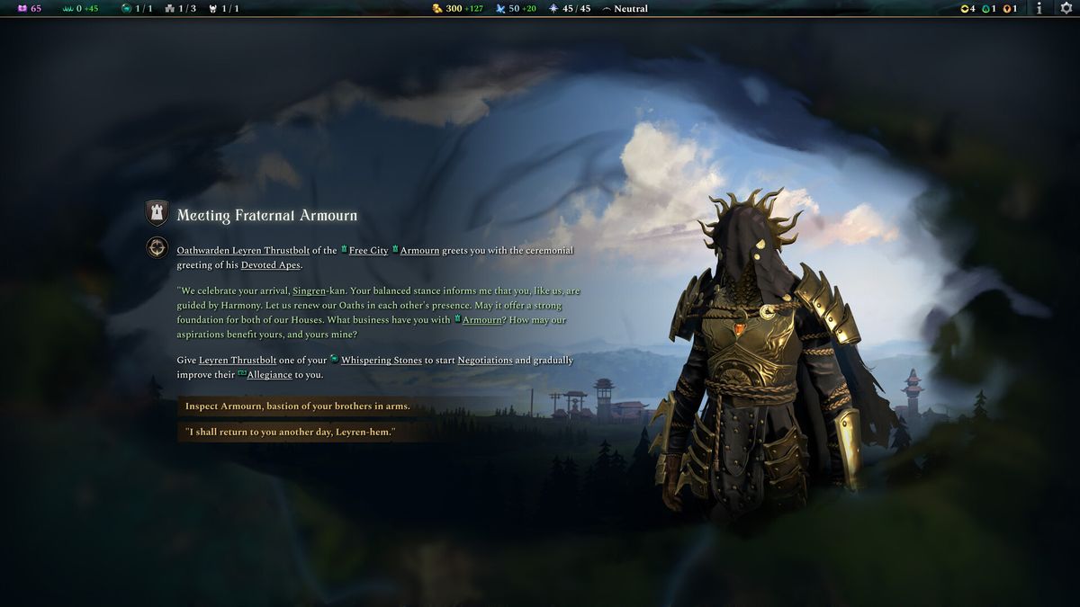 剧情事件触发界面截图，显示‘神祇失踪’事件弹窗，角色神情凝重，背景为被黑暗侵蚀的神殿