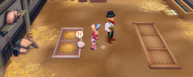 《牧场物语 来吧！风之繁华集市》中台风即将来袭的游戏画面，天空阴沉，树木剧烈摇晃，角色匆忙赶回小屋