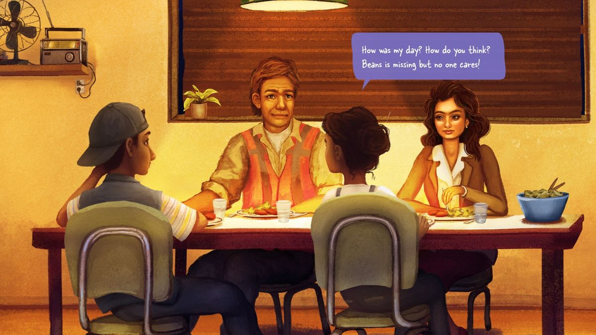 迪雅家中客厅，老式电视机播放着雪花画面，墙上挂着印度风格装饰画