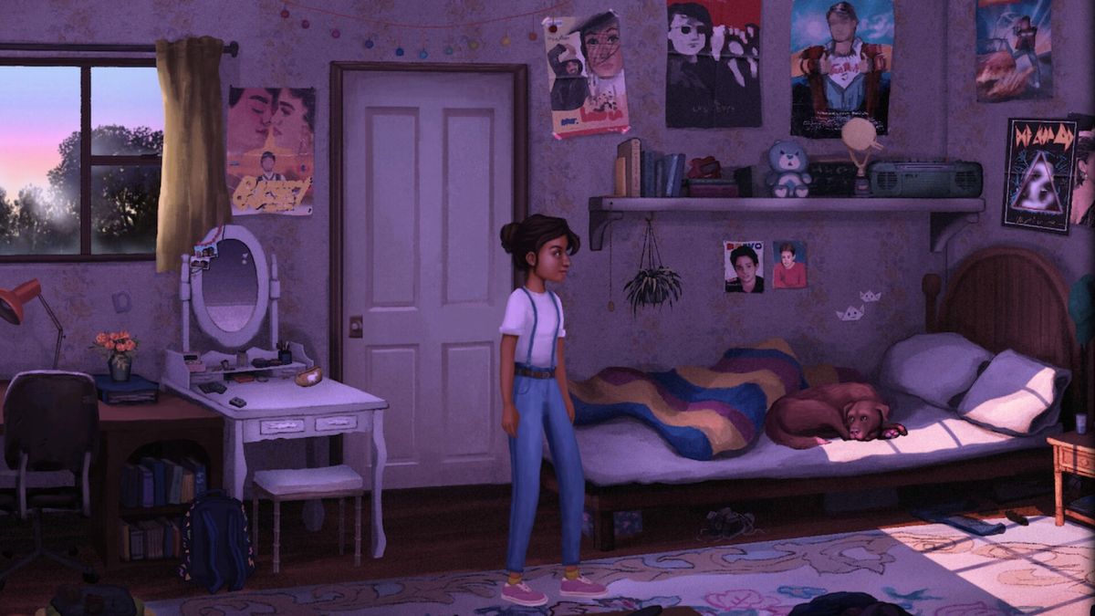 迪雅操作老式游戏机，屏幕上显示像素风格的青蛙过河小游戏